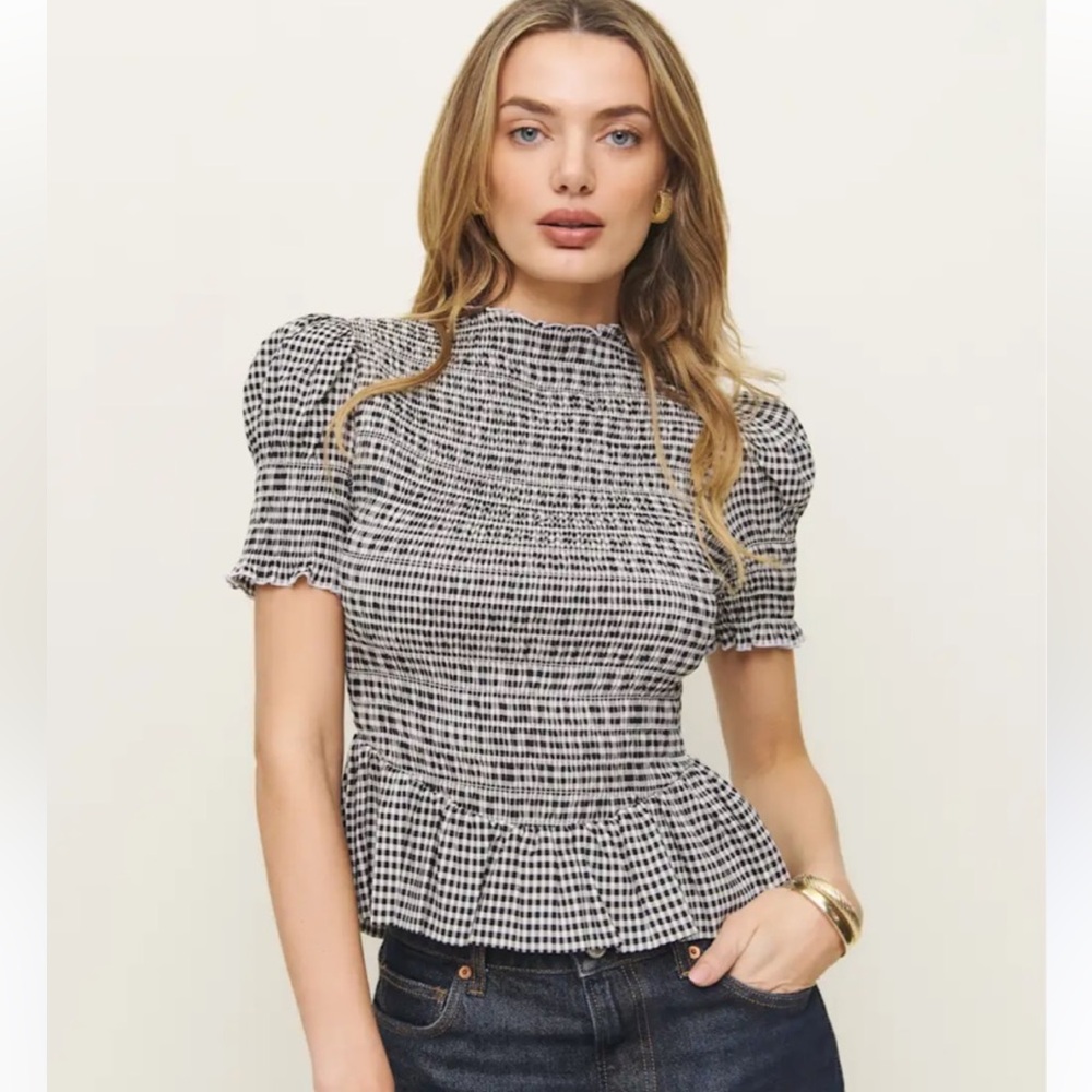 NWT Reformation Aggie Black and White Gingham Smocked Top
